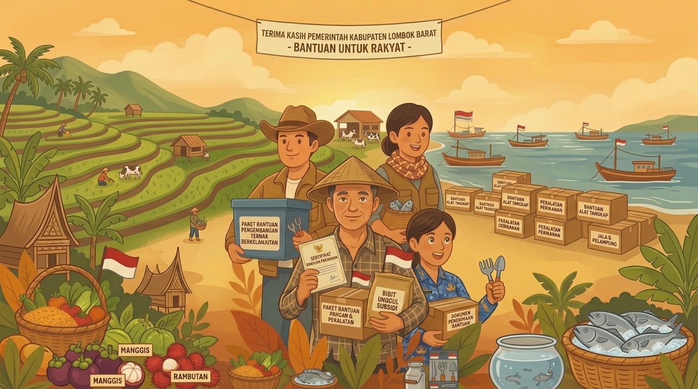 Warga Lombok Barat membawa paket bantuan pangan, perikanan, dan peternakan